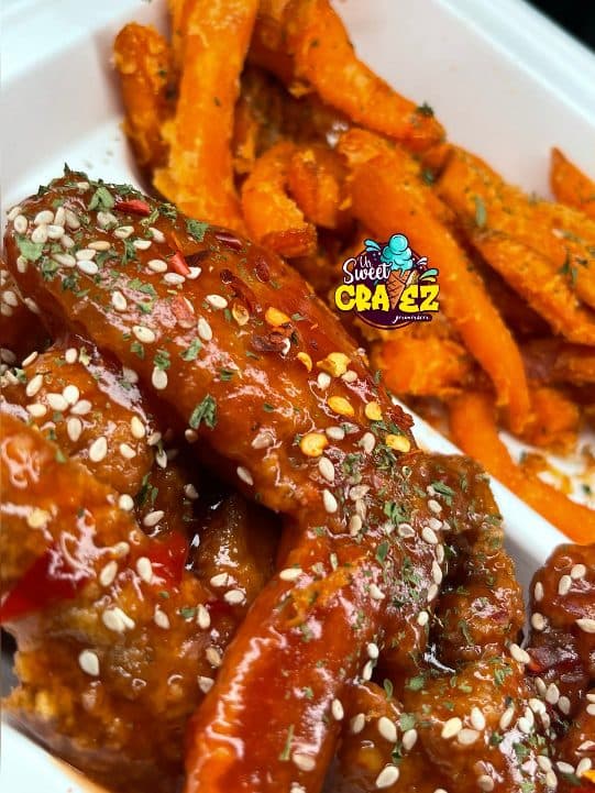 Spicy glazed wings with sweet potato fries